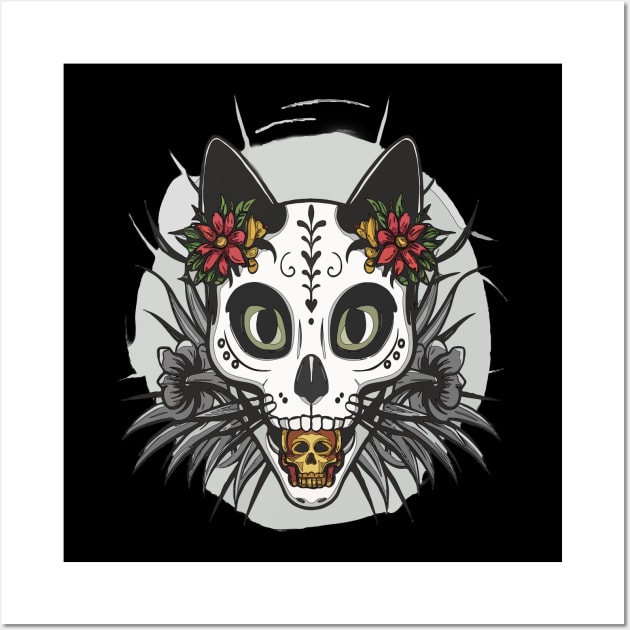 Cat Dad Sugar Skull Whimsical Feline Design for Father’s Day Wall Art by TopTees